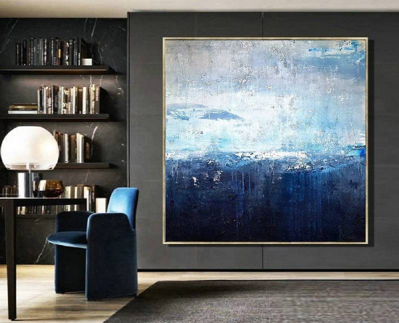 Deep Handmade Hand-painted Oversized Blue Coastal Abstract Canvas E9VX6